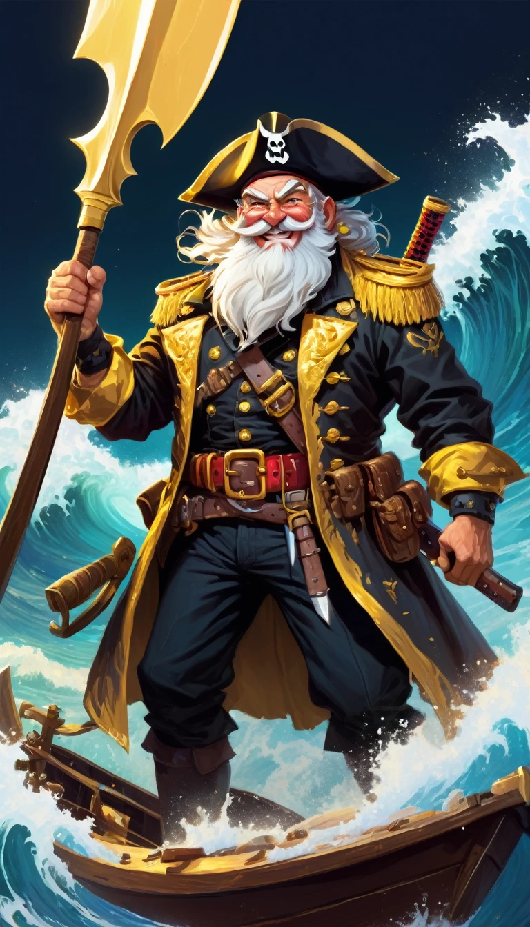 Pirates , white beard, captor's cap, iron hook in left hand, machete in right hand, gold teeth, boat,wave,full body,cartoon,GUN,palette knife,treasure,smile