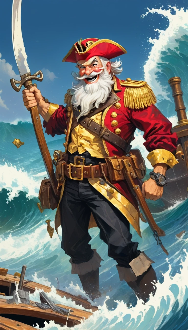 Pirates , white beard, captor's cap, iron hook in left hand, machete in right hand, gold teeth, boat,wave,full body,cartoon,GUN,palette knife,treasure,smile