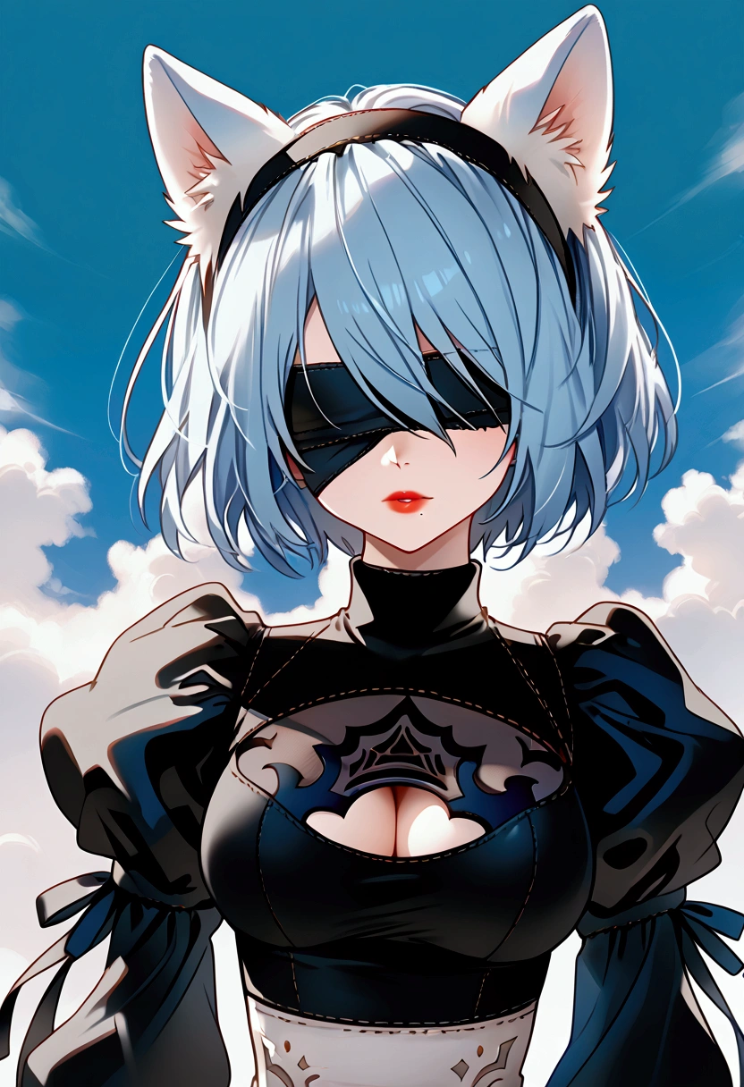 1girl, wlop, (blindfold), breasts, cleavage, cleavage cutout, dress cutout, green background, hair between eyes, headband, high resolution, juliet sleeves, long sleeves, nier (series), nier automata, fluffy sleeves, red lips, shadow face, short hair, solo, turtleneck sweater, upper body, l blue hair, sky, white fox ears, white fox tail, nine-tailed fox,