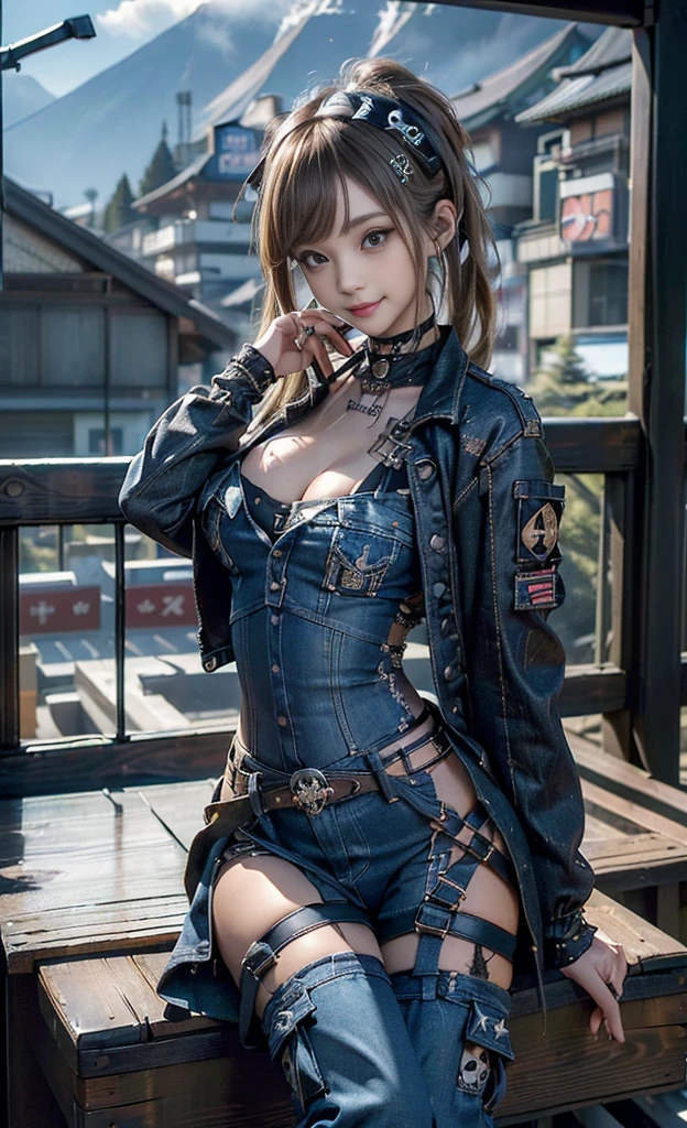(Beautiful lips and nose:1.4)、(Long eyelashes:1.4)、(Smiling with teeth showing:1.3),(Shibuya Gal:1.5)、(Gothic ta delicately decorated dress:1.5)、(Tattered denim and black punk rock cargo pants:1.5)、(Denim and black navy skull mark small jacket:1.4)、(denim garter belt:1.5)、(Black and denim knee socks:1.3)、(Skull Silver Accessories:1.5)、(Denim collar:1.3)、(Brown Skin Belt:1.4)、(Brown boots:1.2)、(The underwear is striped:1.4)、31 years old、((Highest quality、In 8K、masterpiece:1.3))、Sharp focus:1.2、(Layered Cut、Huge boobs:1.1),Beautiful woman with perfect figure:1.4、(Dancing vigorously:1.3)、Slender Abs:1.2、Highly detailed face and skin texture、Detailed eyes、double eyelid,(Twin tails:1.3)、(Brown-golden hair:1.3)、Gravure idol、(The background is a vast mountain with a clear view々Beautiful luxury resort destination in Europe:1.3)、(Slim Body:1.2),(Make your legs thinner:1.4),(clavicle:1.1)