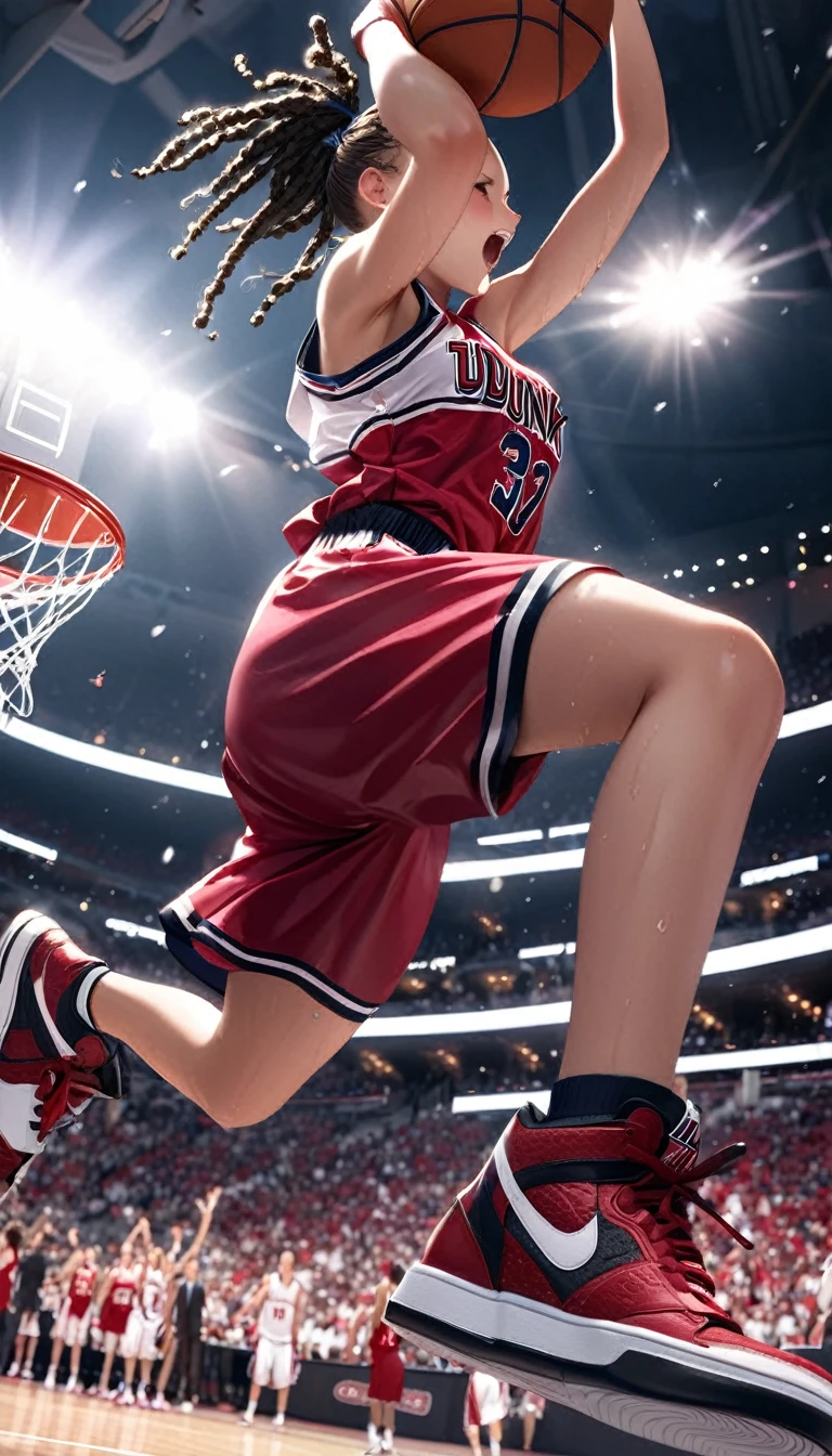 quality,(8K),highly detailed CG unit wallpaper, masterpiece,high quality,surreal,increase resolution,RAW photo,best quality,wallpaper,cinematic lighting,ray tracing,(golden ratio), breaking,one girl,(basketball),ring,((dunk shot)),((winning dunk:1.5)),beautiful, sweaty, jumping high,basketball uniform,basketball shoes,dreadlocks),Japanese,basketball uniform,basketball shoes,running to her,(delighted,excited),(electric clock),from below,dynamic pose,dynamic angle,basketball court,(United Center),many excited spectators,(stadium shaking with loud cheers:1.3),very historical photo,The Pulitzer Prize photo,photography\(high_speed_shutter\),