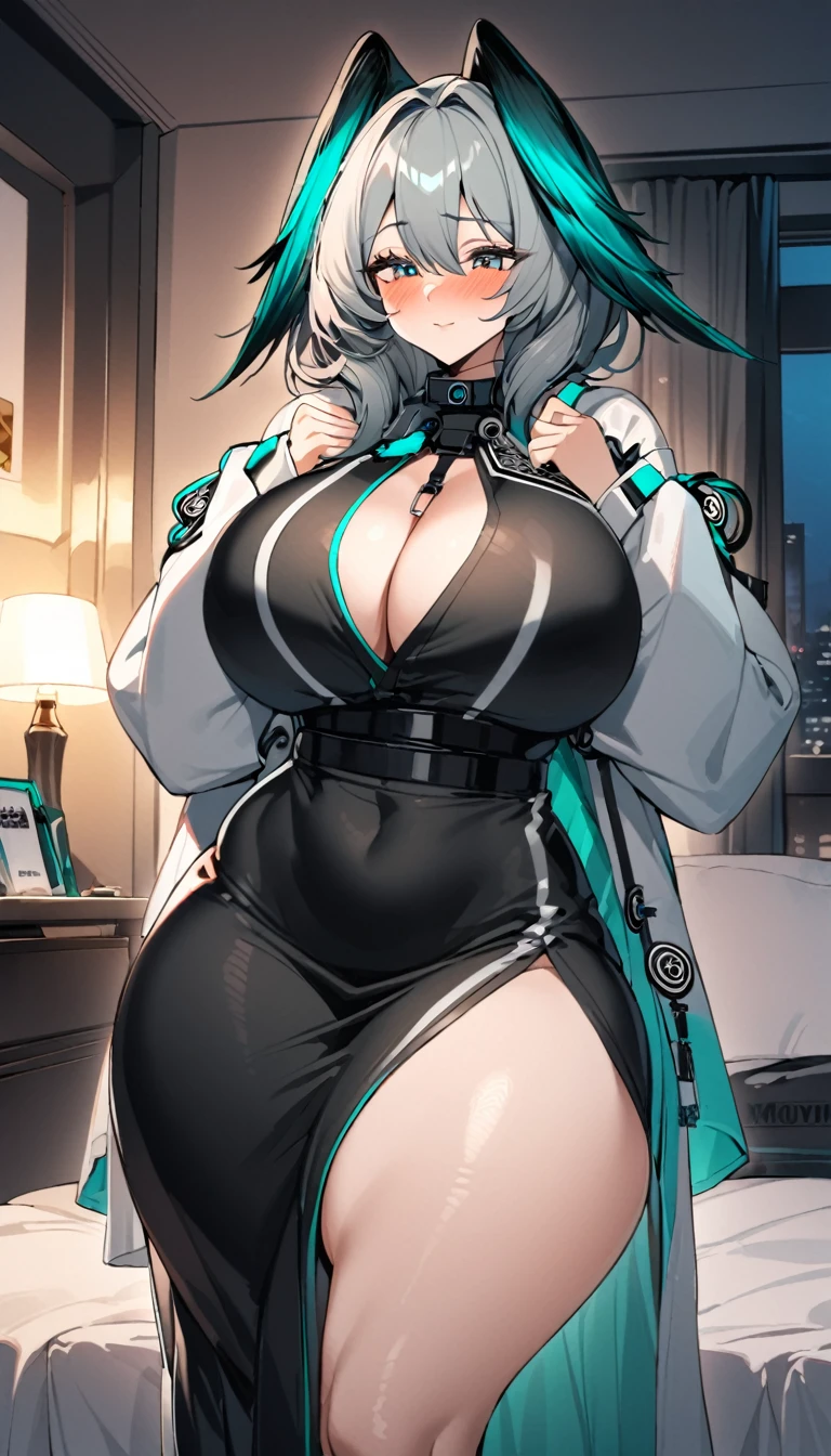 Hool'Heyak(Arknights),grey hair,feather ears,curvy body, wearing appropriate clothes(Muslim), big cleavage,big thighs, blushing, bedroom, night setting.