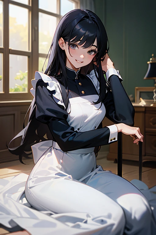 (Highest Resolution, clear_image) highest quality, Single person, One Woman, alone, masterpiece, Very detailed, Semi-realistic, Black Hairのショートヘア, Black Hair, bangs, 18-year-old, mature, light blue uniform, uniform, Indoor Background, kind, Authoritative, powerful, exquisite features, exquisite features、Eyelashes become longer、Showing teeth、smile😀、Maid clothes、Touching hair、Shoulder Bare、