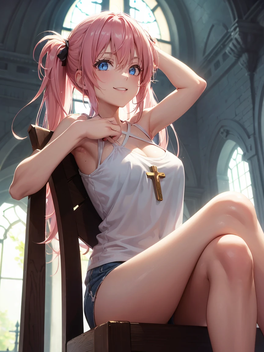 ((woman)), (Very messy hair), (Smile), Toned arms and legs, Medium chest, Excessive sweating, (((Inside the castle))), Bright Blue Eyes, barefoot, (((Sit cross-legged on a chair))), ((Use only dental floss)), Twin tails, Pink Hair, Shine髪, Eye Reflexes, Glowing Eyes, anime, anime style, Cinema Lighting, Motion Blur, Shine, jpeg artifacts, Shine光, God&#39;s Rays, Ray Tracing, reflected light, Backlight, Cast a Shadow, Panorama, Sony FE, UHigh resolution, masterpiece, Accurate, Anatomically correct, Highest quality, Super Detail, High resolution, High resolution, 16K