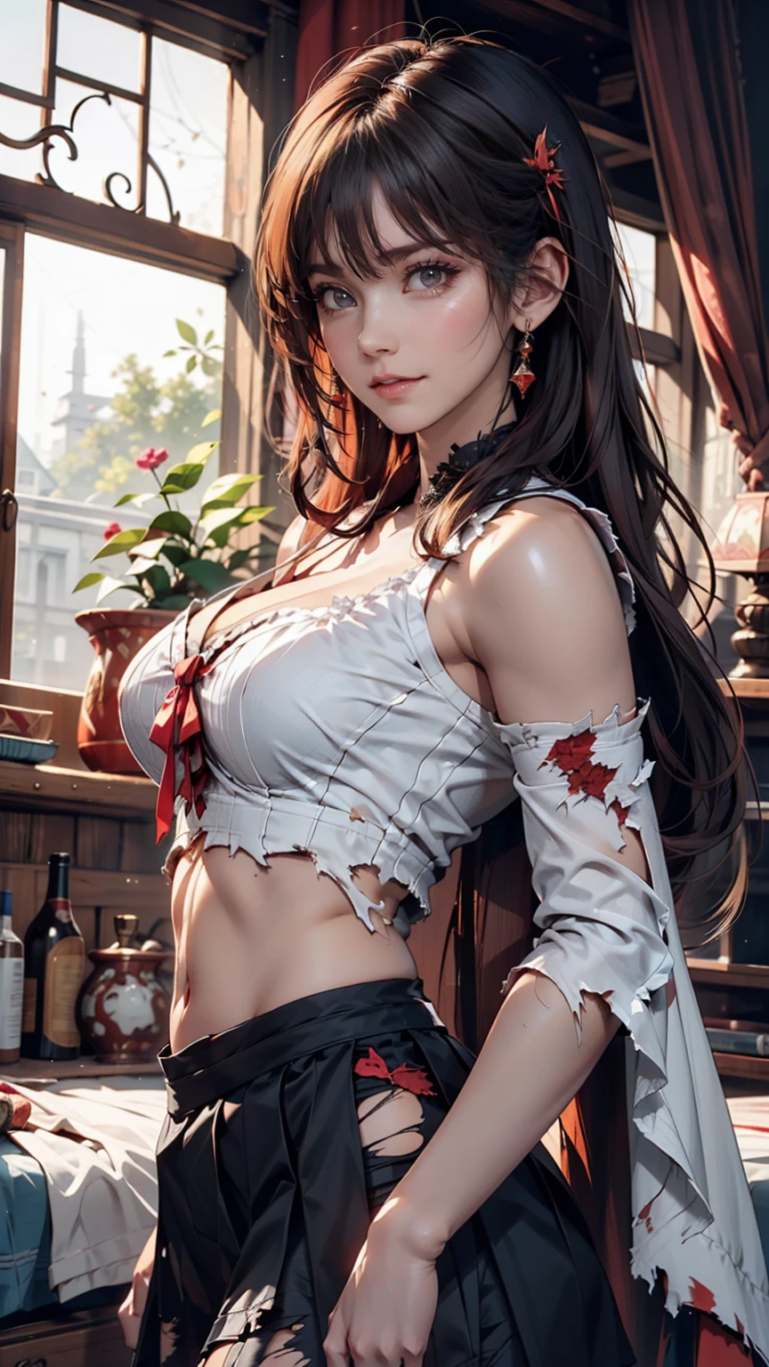 beautiful, masterpiece, Highest quality, Highly detailed face, Perfect lighting,One girl, alone, matoi ryuuko, Seraph of the Black, Black Skirt, Redhead, senketsu, Torn clothes, Underbust
