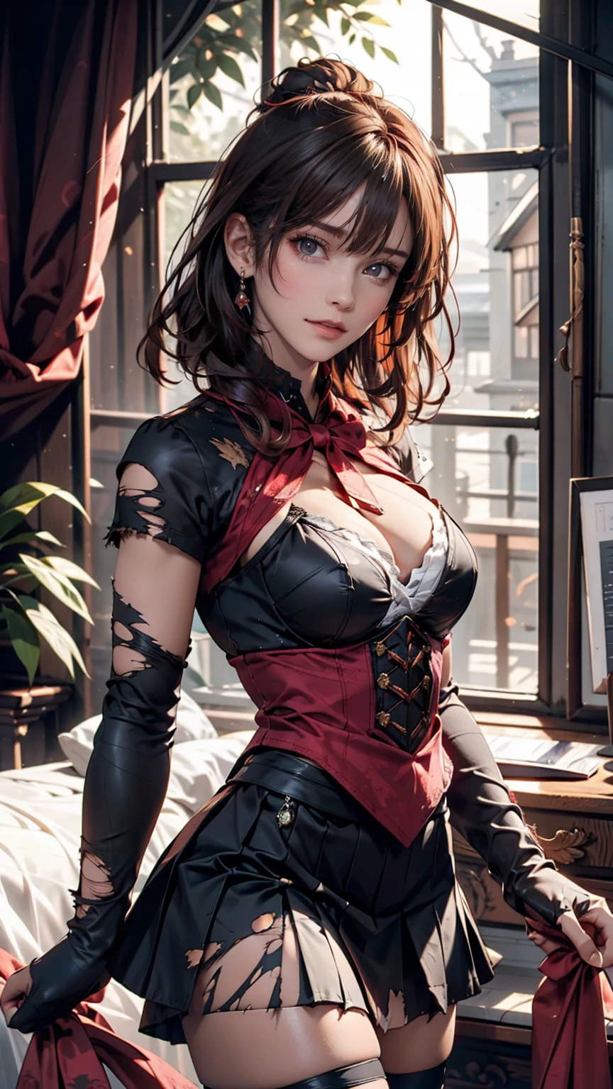 beautiful, masterpiece, Highest quality, Highly detailed face, Perfect lighting,One girl, alone, matoi ryuuko, Seraph of the Black, Black Skirt, Redhead, senketsu, Torn clothes, Underbust