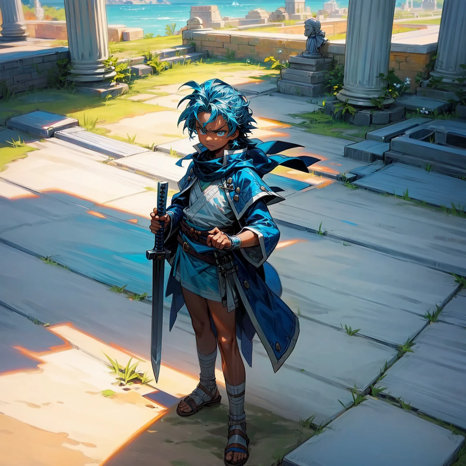 Solo character, full body version, ??? boy, blue eyes, blue color hair, long haircut, (dark skin), tunic roman clothing, sandals, outdoor, ancient roman city, sky blue, detailed background, angry eyes, knife in hand