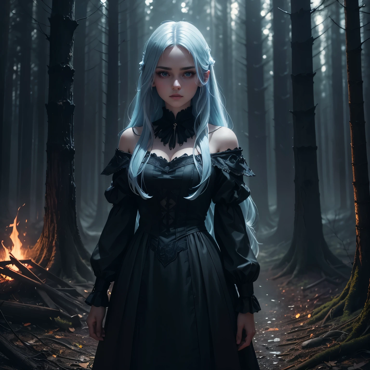 A beautiful young Russian girl with long light blue hair, wearing a sleek black dress, standing in the middle of a dark mysterious forest at night, surrounded by flickering red flames, (best quality,4k,8k,highres,masterpiece:1.2),ultra-detailed,(realistic,photorealistic,photo-realistic:1.37),extremely detailed eyes and face,longeyelashes,high fashion,dramatic lighting,moody atmosphere,intricate details,cinematic composition
