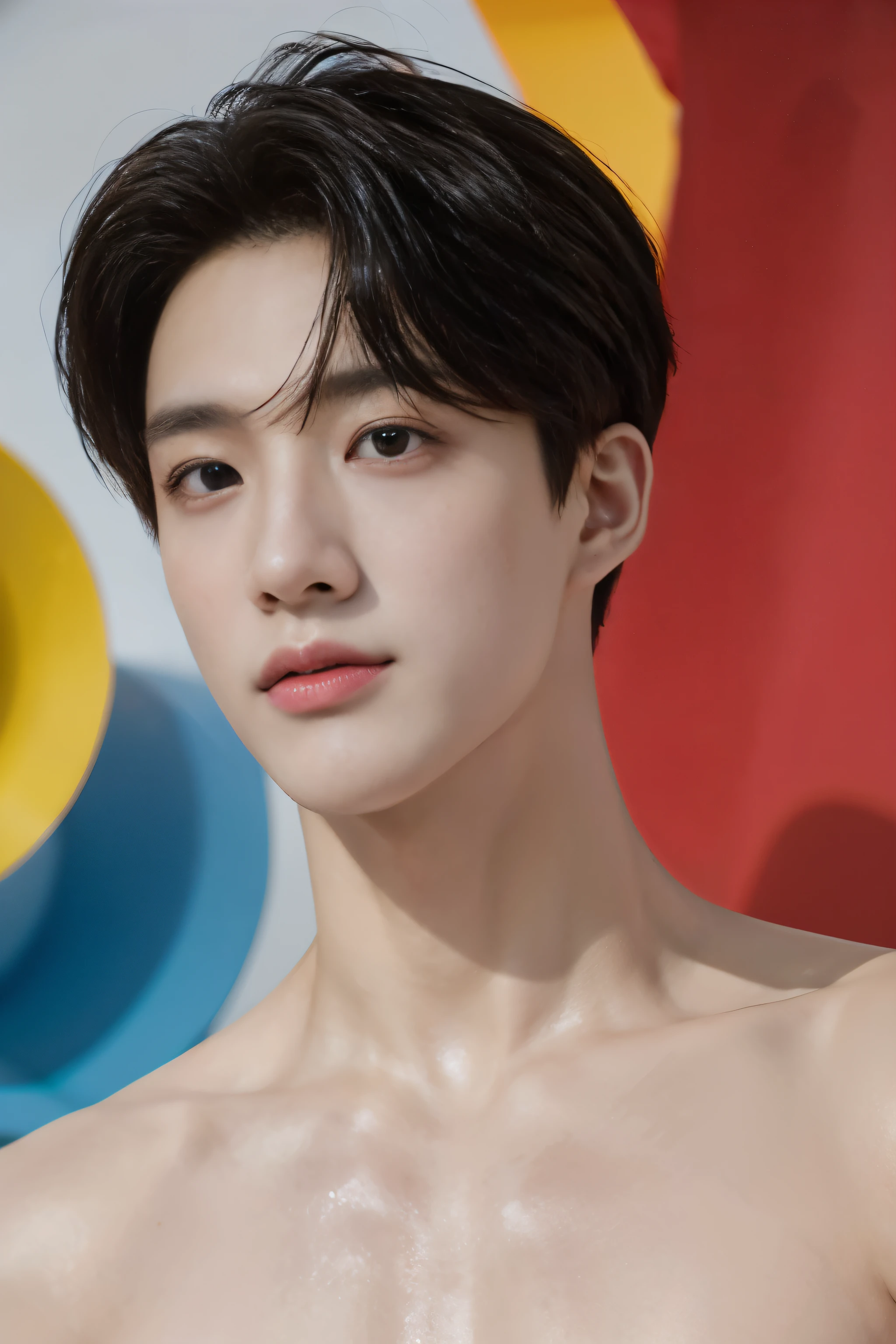 Full shot, background studio set for photoshoot,backdrop colorful,magazine photo,no text,half body,sexy eyes looking center,for ads,no text,Handsome sixpacks korean male,fashion sexy abs,Center-parted hairstyle,angle tilted to the side,focus on face