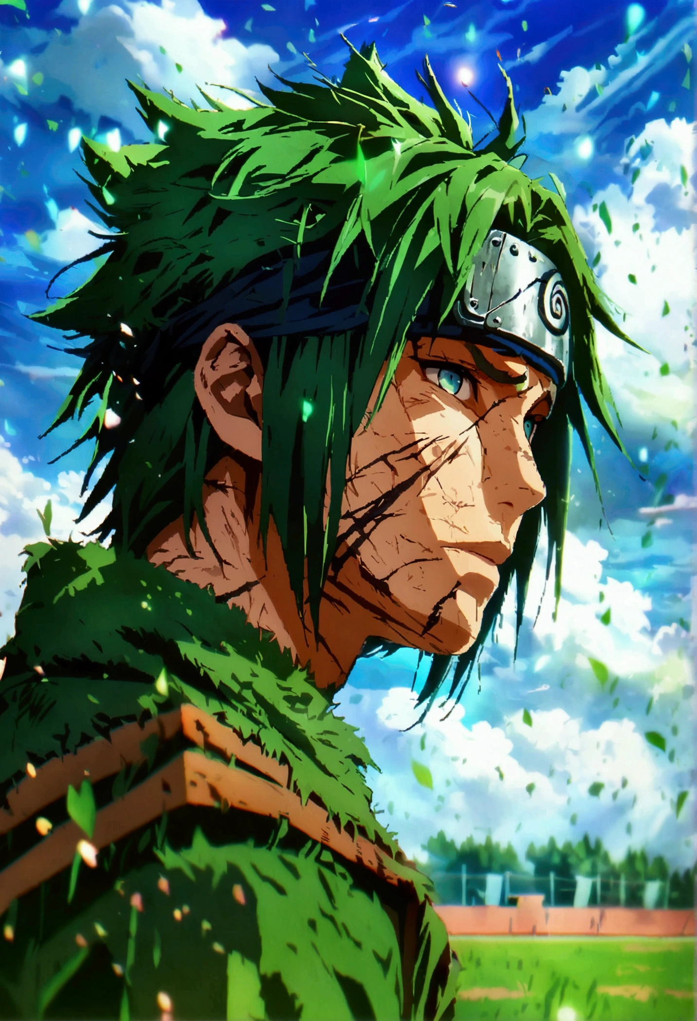Man, thin and defined body, long green hair, green eyes, bruised and scarred body, dark green coat, training field background, "Anime character design inspired by Naruto, full of dramatic and impressive lighting, focus on the centralized character, impressive face, full of creative details, ultra-fine 2D design, scenery bathed in creativity, boasting 2D anime resolution clarity, HD anime graphics, high-octane rendering"