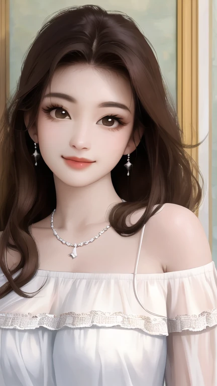 (Highest quality、 8k 、masterpiece、High resolution)、Full Body Shot、Realistic、Super adopted、One young woman、A friendly gaze、off shoulder white tops、Round and young々Funny face、Accessories Full、necklace、Clear Eyes、Long eyelashes、Large Breasts、Slender beauty、light makeup、smile。Brown-black hair、Official Art、