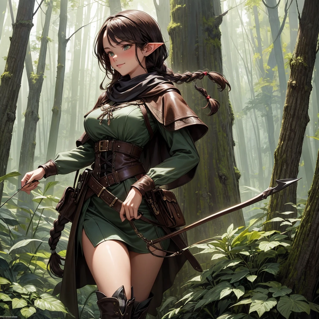 (masterpiece, top quality, best quality, official art, beautiful and aesthetic:1.2), (1girl:1.3), dark brown hair in a single braid, extremely detailed, portrait, looking at viewer, solo, (full body:0.6), detailed background, close up, cat eyes, (warm summer forest theme:1.1), elf ranger, charlatan, smirk, mysterious, walking in forest, revealing ranger attire, brown leather, cowl, cloak, corset, long boots, buckles, straps, pouches, bow and arrow, green fabric, brown leather, gigantic breasts, slim waist, slim hips, long legs, medieval (forest exterior:1.1) background, dark mysterious lighting, shadows, magical atmosphere, dutch angle