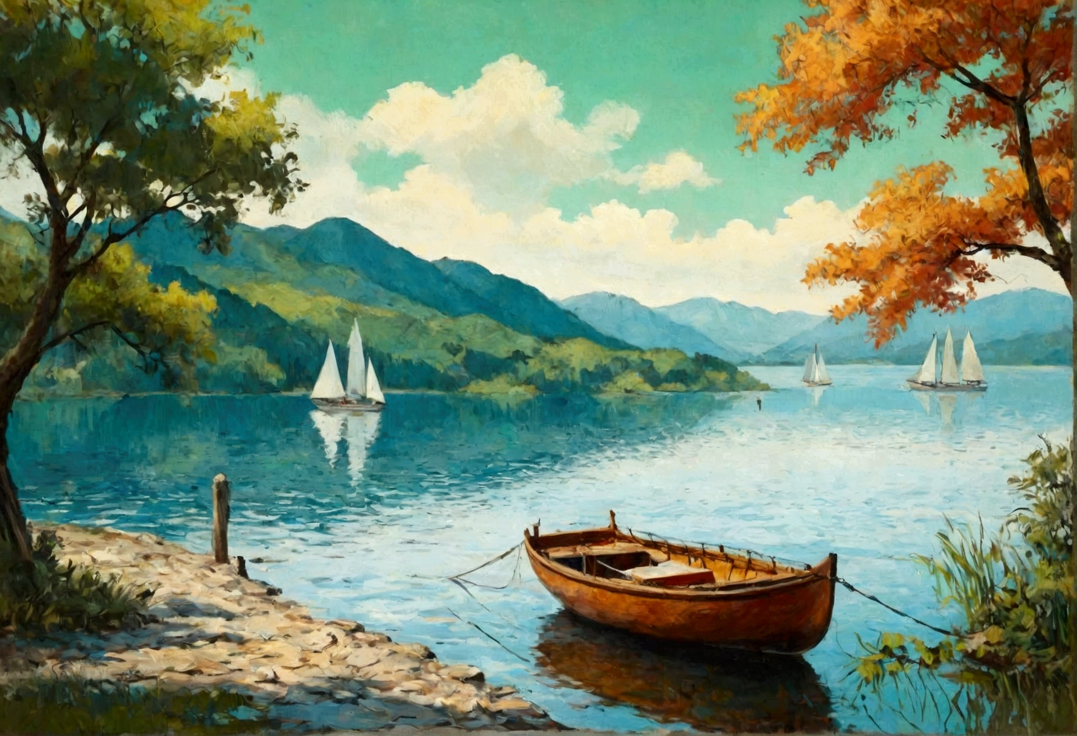 Sailing Boat , Sailing , Sea , Glass Wall Art , Canvas Wall Art, view of a sailings Boat on the waterside of a small lake mountain lake, award-winning, professional, highly detailed in, undefined,. Include vibrant pastel colors, sleek lines, and a retro summer atmosphere. The style should be reminiscent of vintage travel posters with a modern twist, modern art. 