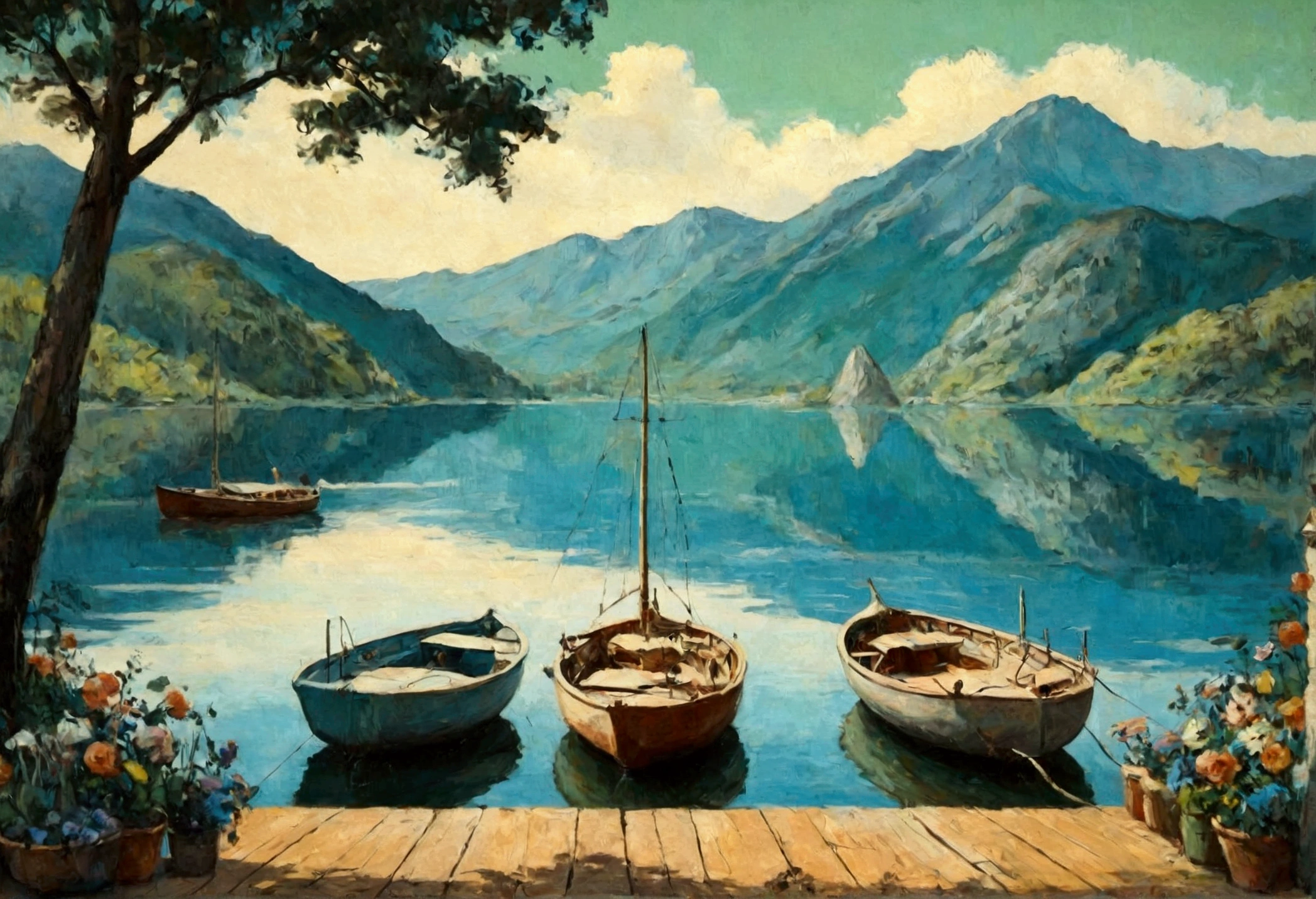 Sailing Boat , Sailing , Sea , Glass Wall Art , Canvas Wall Art, view of a sailings Boat on the waterside of a small lake mountain lake, award-winning, professional, highly detailed in, undefined,. Include vibrant pastel colors, sleek lines, and a retro summer atmosphere. The style should be reminiscent of vintage travel posters with a modern twist, modern art. 