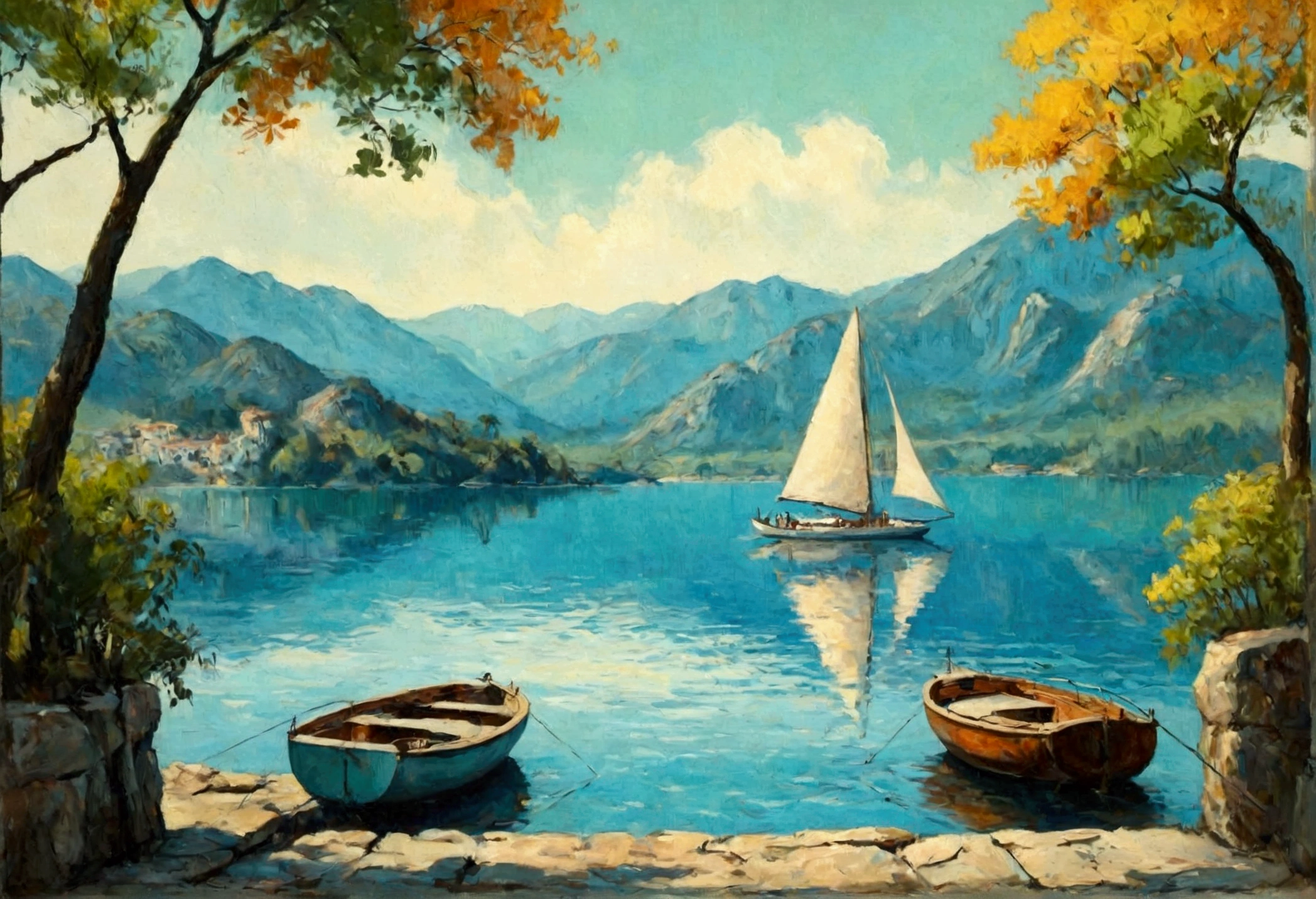 Sailing Boat , Sailing , Sea , Glass Wall Art , Canvas Wall Art, view of a sailings Boat on the waterside of a small lake mountain lake, award-winning, professional, highly detailed in, undefined,. Include vibrant pastel colors, sleek lines, and a retro summer atmosphere. The style should be reminiscent of vintage travel posters with a modern twist, modern art.