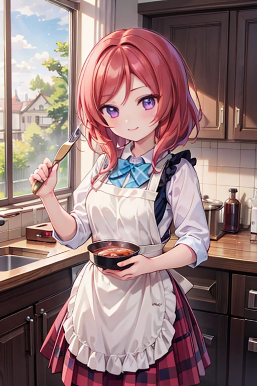 (Highest quality、masterpiece)、One girl、alone、アニメ、cute、Nishikino Maki、kitchen、smile、looking at the camera、ultra hi resolution picture、apron、cooking