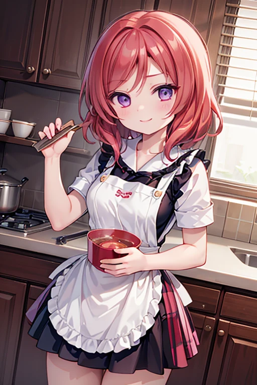 (Highest quality、masterpiece)、One girl、alone、アニメ、cute、Nishikino Maki、kitchen、smile、looking at the camera、ultra hi resolution picture、apron、cooking