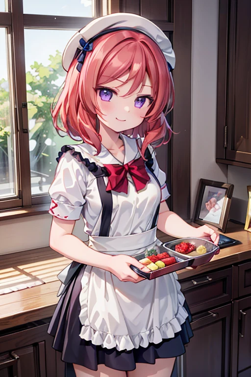 (Highest quality、masterpiece)、One girl、alone、アニメ、cute、Nishikino Maki、kitchen、smile、looking at the camera、ultra hi resolution picture、apron、cooking