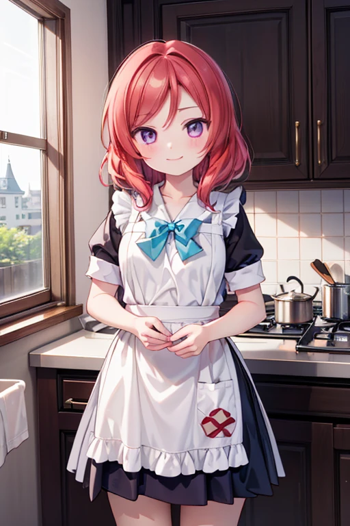 (Highest quality、masterpiece)、One girl、alone、アニメ、cute、Nishikino Maki、kitchen、smile、looking at the camera、ultra hi resolution picture、apron、cooking