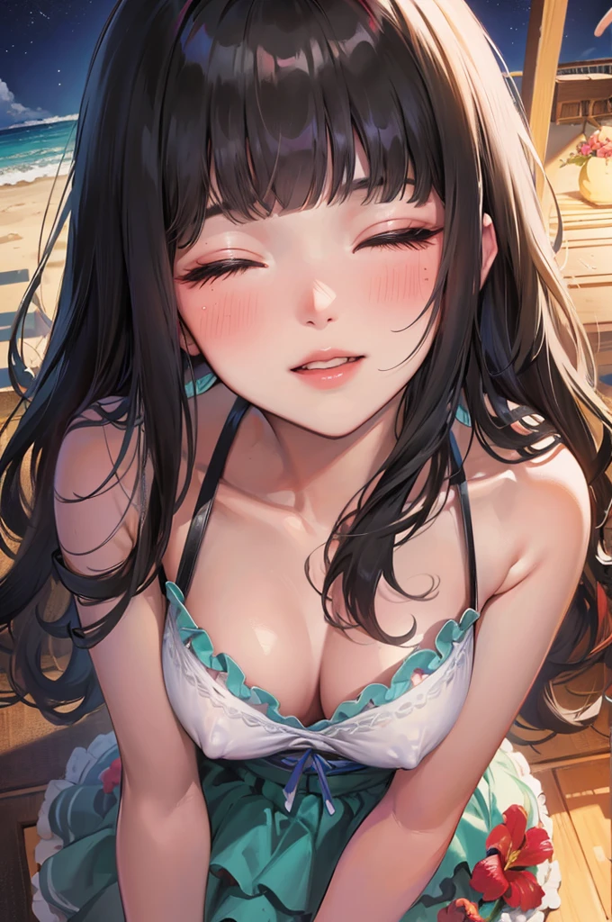 pov, (Tropical resort style) (solo:2, 15 yo), (beautiful detailed blunt bangs:1.3) (best beauty black hair long hair) (best cute shrine girl, sexy closed eyes, love smile, glossy lip, blushing, medium tits), in a cute pink Layered dress, break, in the night South Sea Island, night beach, put on the Bonfire, background night beautiful Starry sky, BREAK, perfect anatomy, masterpiece, best quality, 16k, beautiful detailed love, daydreaming expression.