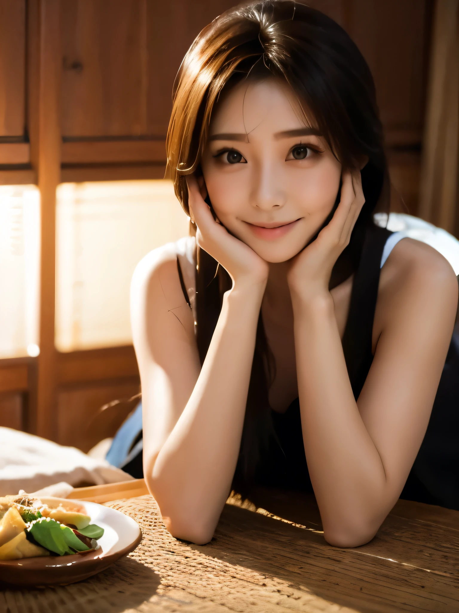 (best quality), (masterpiece), (sharp:1.3),((a woman sitting at table with her hands on her face)) , ((smile)),((Cinematic)), young asian girl, beautiful young woman, girl cute-fine-face, gorgeous young woman, posing in bed, lovingly looking at camera, chinese girl, with round cheeks,((32k)), 