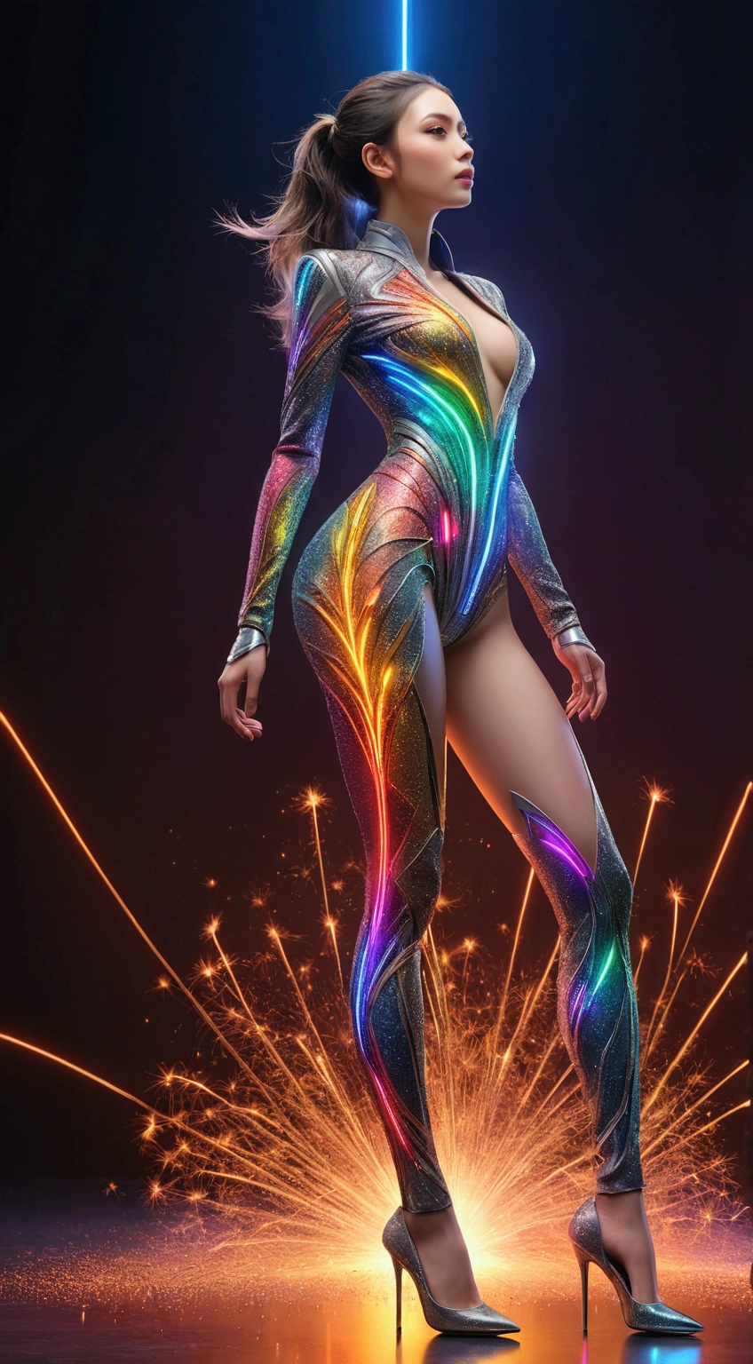 image of a {1girl stunning pose, photo_model pose, perfect proportional anatomy, girl with high heels, futuristic fashion suit, UHD, intricate detailed, 8k, best quality ever, masterpiece, super detailed, unleashed creativity, beyond imagination, dramatic light, gradient motion color background}, rough, massive multi color light and firecrackers all over the background place, weathered and textured