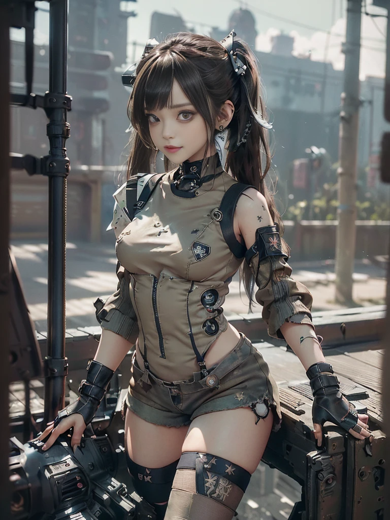 (Full Body View:1.5)、(Side view:1.0)、(Please smile with your teeth showing:1.3),(Shibuya Gal:1.5)、(Gothic Lolita style fashion:1.5)、(Tattered khaki and gray futuristic micro high leg bodysuit:1.5)、(Tattered Khaki and Moss Green Micro Fancy Sleeves:1.5)、(Tattered khaki micro shorts:1.5)、(Brown and khaki knee socks:1.3)、(camouflage:1.3)、(Military jacket:1.4)、Brown boots、Khaki gloves、internal、(The underwear is striped:1.4)、23 years old、(do a gravure pose:1.3)、((Highest quality、8K、masterpiece:1.3))、One girl、The beauty of slim abs:1.3、(Hairstyle Casual、Big Tits:1.1)、dress:1.1、Super small face、Narrow eyes、double eyelid、Laughter、Esbian all over、Dynamic Angle、Close-up、CPL Filter、Blurred Background、Bokeh、Blue Hour、Detailed face and skin texture、Detailed Eyes,(Twin tails:1.3)、(Brown-golden hair:1.4)、Gravure idol pose、(The background shows a futuristic hovercraft bike flying through the air.:1.3)、(The body is slim:1.2),(Slim legs:1.4),(clavicle:1.1)