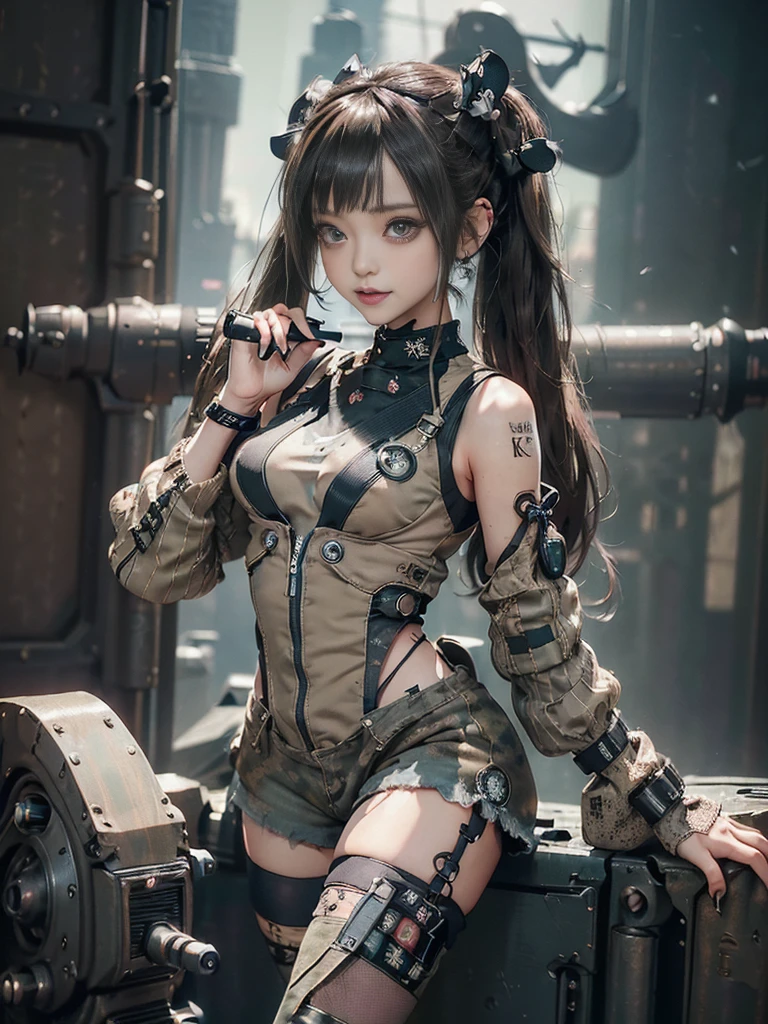 (Full Body View:1.5)、(Side view:1.1)、(Please smile with your teeth showing:1.3),(Shibuya Gal:1.5)、(Gothic Lolita style fashion:1.5)、(Tattered khaki and gray futuristic micro high leg bodysuit:1.5)、(Tattered Khaki and Moss Green Micro Fancy Sleeves:1.5)、(Tattered khaki micro shorts:1.5)、(Brown and khaki knee socks:1.3)、(camouflage:1.3)、(Military jacket:1.4)、Brown boots、Khaki gloves、internal、(The underwear is striped:1.4)、23 years old、(do a gravure pose:1.3)、((Highest quality、8K、masterpiece:1.3))、One girl、The beauty of slim abs:1.3、(Hairstyle Casual、Big Tits:1.1)、dress:1.1、Super small face、Narrow eyes、double eyelid、Laughter、Esbian all over、Dynamic Angle、Close-up、CPL Filter、Blurred Background、Bokeh、Blue Hour、Detailed face and skin texture、Detailed Eyes,(Twin tails:1.3)、(Brown-golden hair:1.4)、Gravure idol pose、(The background shows a futuristic hovercraft bike flying through the air.:1.3)、(The body is slim:1.2),(Slim legs:1.4),(clavicle:1.1)