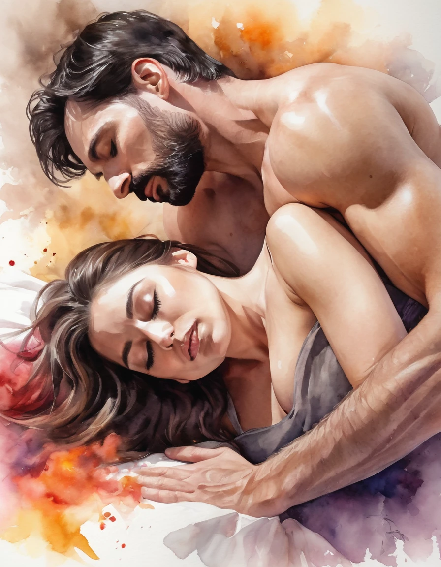 Create a realistic watercolor-style illustration that captures an intimate and passionate moment between a couple in bed. The man, shirtless, with black hair, a muscular body and a beard, should be displaying an expression of deep desire and connection. The woman, with brown hair, is in a suggestive position above him, with an attitude of surrender and ecstasy. The scene should be surrounded by a mess of wrinkled and fallen sheets, reflecting the intensity of the encounter. The background should be dark to focus attention on the couple, but with a play of vibrant colors and ethereal smoke that merge and disperse, creating an atmosphere charged with emotion and sensuality. Be sure to capture the energy and passion of the moment through details in the interaction of their bodies and expressions.