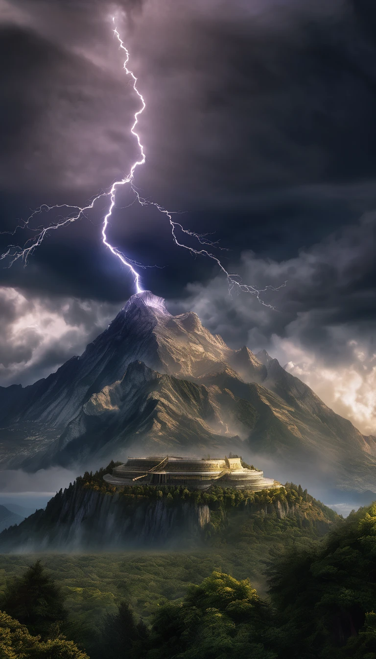 A wide shot of Mount Olympus with Zeus standing at the peak, surrounded by dark clouds and lightning, ??????? flawlessly rendered, chiaroscuro enhancing hyperbolic illustration, astonishing 32k resolution, ultra HD, realistic with vivid colors, UHD pen and ink technique, beautiful intricate, 