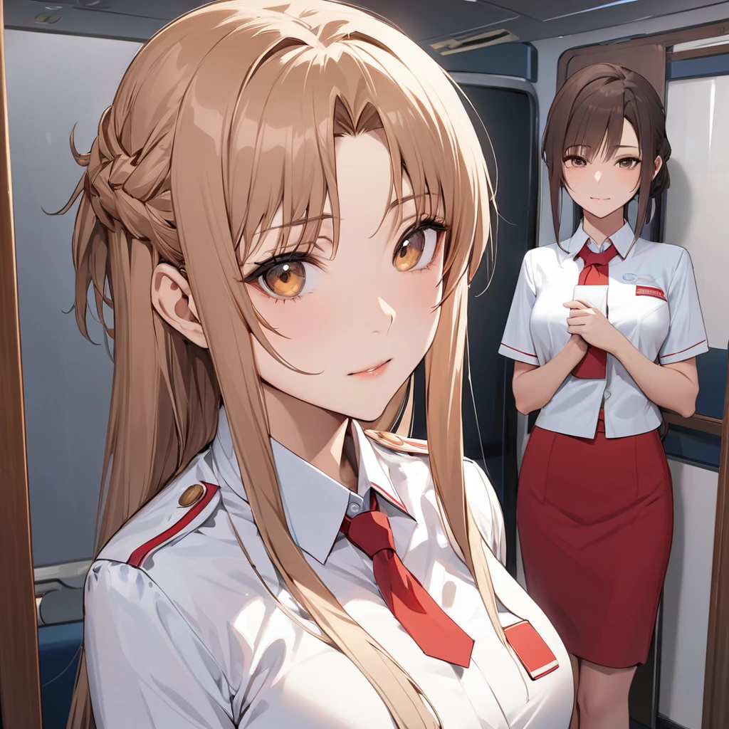 ((Highest quality)), ((masterpiece)), (detailed), （Perfect Face）、The woman is Chinese Yuuki Asuna, a Chinese woman with light brown, semi-long hair.、The woman is a cabin attendant for a Chinese airline and is wearing a CA uniform.