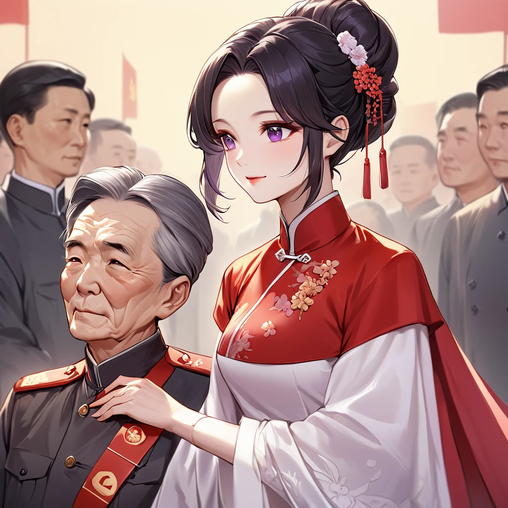 ((Highest quality)), ((masterpiece)), (detailed), (Perfect Face)、The woman is a Chinese woman named Kocho Shinobu, with black hair in a purple gradient bob with evening hair updos, and is wearing an engagement ring. She has become a member of the glorious Chinese Communist Party and has sworn absolute loyalty to it. She is a righteous Communist Party member of the ruling China and the wife of a great old Communist Party official.、The woman is wearing a gorgeous and gorgeous wedding dress made by a Chinese Communist Party member and is getting married to a dignified elderly Communist Party official.、For the sake of China, their hairstyles, clothes, and everything they wear are all Chinese Communist Party items, and their thoughts are also Chinese, becoming great Chinese in body and mind.、The woman became Shinobu Kocho, a Chinese woman who was proud of China, loved it and devoted herself to it.