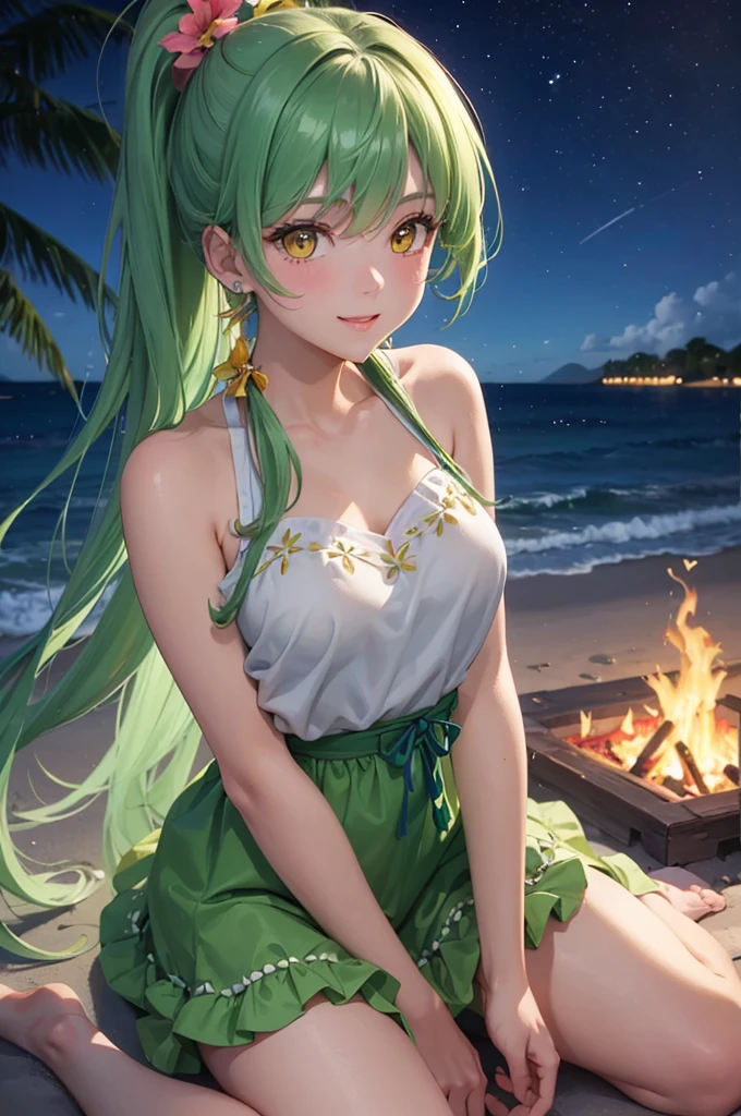 pov, (Tropical resort style) (solo:2, 15 yo), (beautiful detailed ponytail) (best beauty green hair long hair) (best fighter cute girl, detailed cute yellow eyes, love smile, glossy lip, blushing, medium tits), in a cute yellow Layered dress, break, in the night South Sea Island, night beach, put on the Bonfire, background night beautiful Starry sky, BREAK, perfect anatomy, masterpiece, best quality, 16k, beautiful detailed love, daydreaming expression.