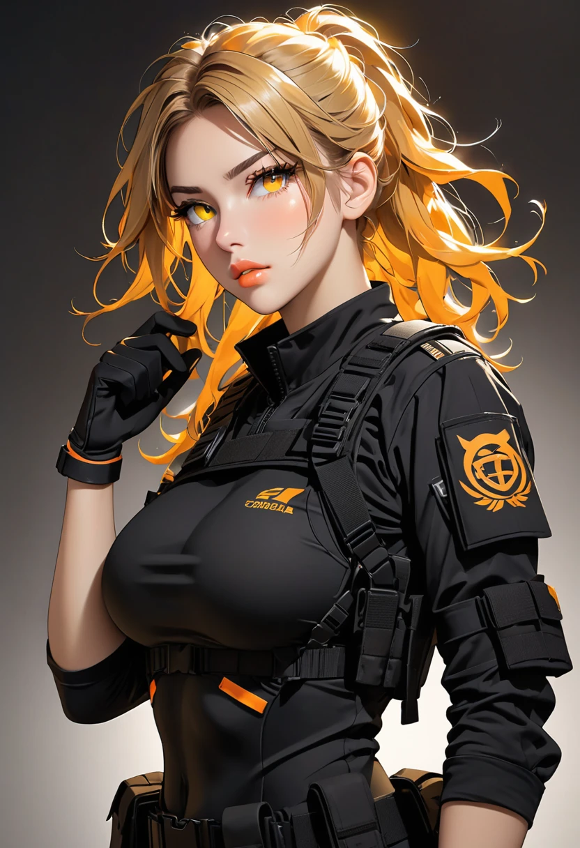 
Age: 24
Outfit: Black tactical uniform, black gloves, combat boots
Hair: Dark blonde, long, disheveled
Eyes: Light yellow and orange, luminescent
Features: Female, greek features, busty, athletic, toned, full lips
Heightt: 5' 3", 160 cm; Background: Dark room