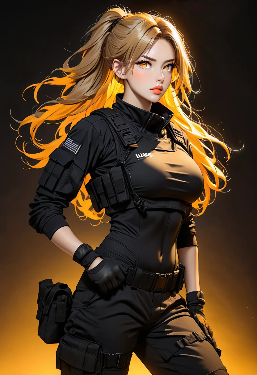 Age: 24
Outfit: Black tactical uniform, black gloves, combat boots
Hair: Dark blonde, long, disheveled
Eyes: Light yellow and orange, luminescent
Features: Female, greek features, busty, athletic, toned, full lips
Heightt: 5' 3", 160 cm; Background: Dark room