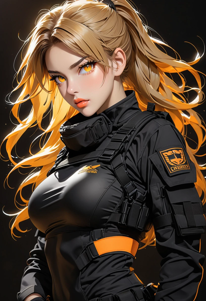 Age: 24
Outfit: Black tactical uniform, black gloves, combat boots
Hair: Dark blonde, long, disheveled
Eyes: Light yellow and orange, luminescent
Features: Female, greek features, busty, athletic, toned, full lips
Heightt: 5' 3", 160 cm; Background: Dark room