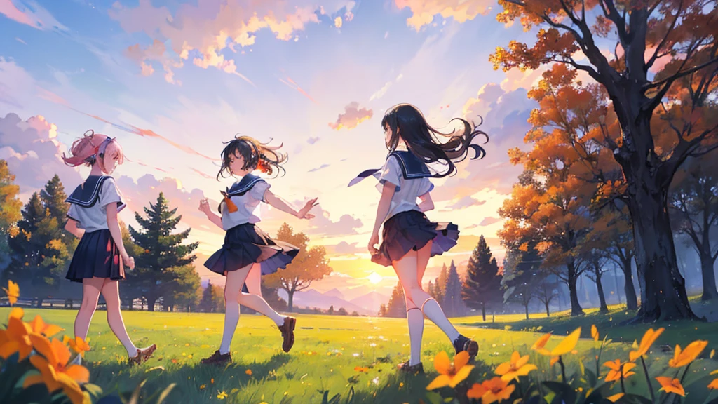 Create a scene of three girls playing joyfully on a country path after school. One girl is wearing over-ear headphones while all three girls chase each other happily. The background should depict a warm, post-school afternoon with a golden-orange sunset illuminating the fields. The sky is painted with soft pink and purple clouds. The three girls, wearing school uniforms, are running from the left side of the frame towards the right, appearing relatively small compared to the overall scene. The entire image should be infused with a sense of youthful energy and warm friendship, showcasing a beautiful, relaxing post-school time.