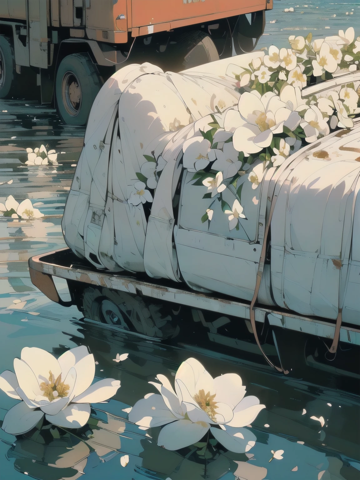 (((Masterpiece, top quality))), (((32K wallpaper))), ultra high resolution, (((close-up))), gorgeous light leak, (((backlit))), highly detailed background, top quality, (((no humans))), highly transparent river, (((extremely detailed rusty heavy truck with many white flowers)),  (((( very dull color )))), (((( white flowers in the water))), (((White petals fly)))