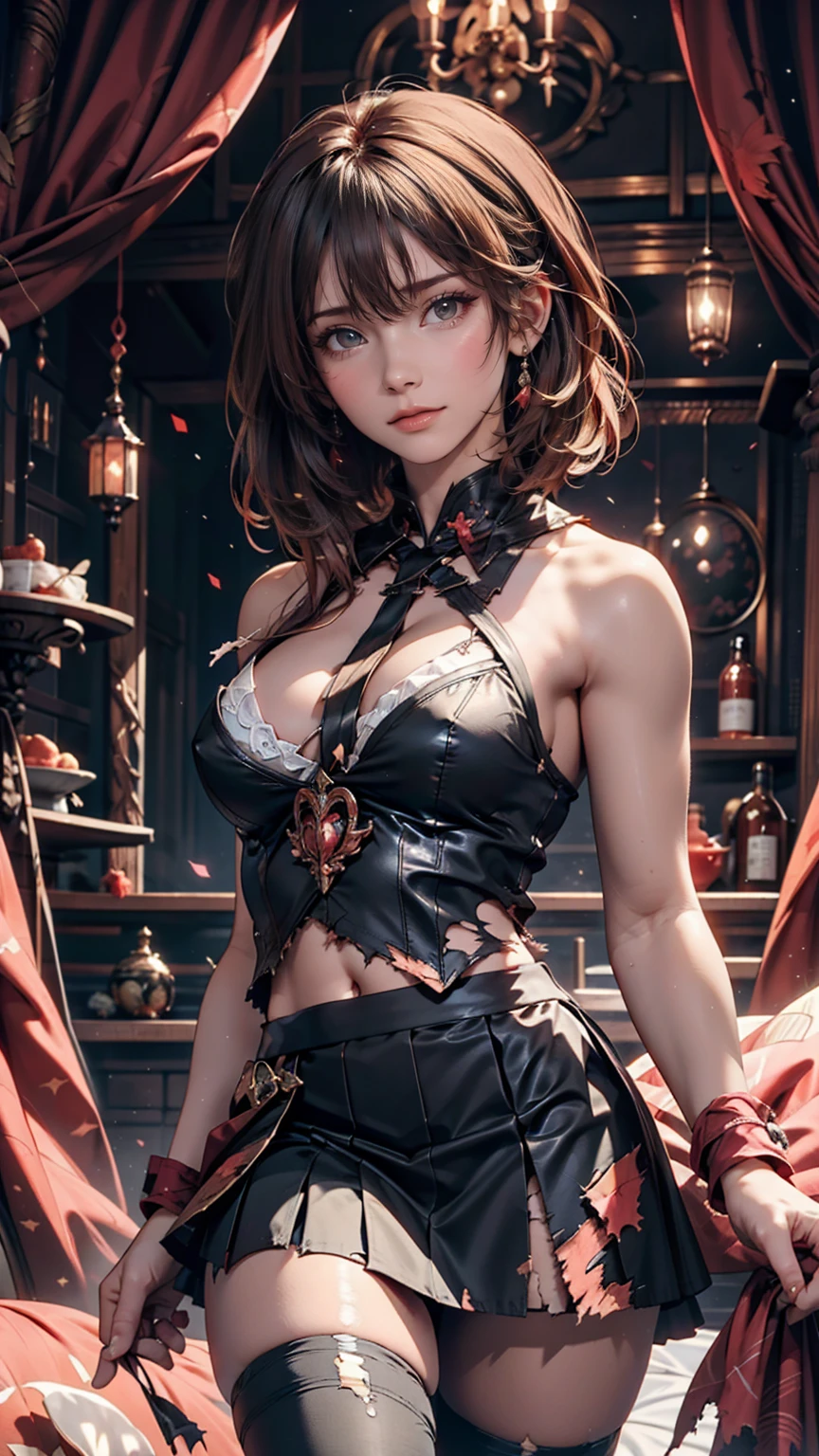 beautiful, masterpiece, Highest quality, Highly detailed face, Perfect lighting,One girl, alone, matoi ryuuko, Seraph of the Black, Black Skirt, Redhead, senketsu, Torn clothes, Underbust