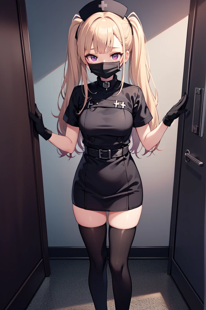 black nurse, 1girl, solo, black nurse cap, black nurse uniform, ((black legwear, zettai ryouiki)), black elbow gloves, twintails, yellow hair, purple eyes, ((black surgical mask, covered nose)), standing, ((surgery room)), sharp outline, short sleeves, best quality, masterpiece