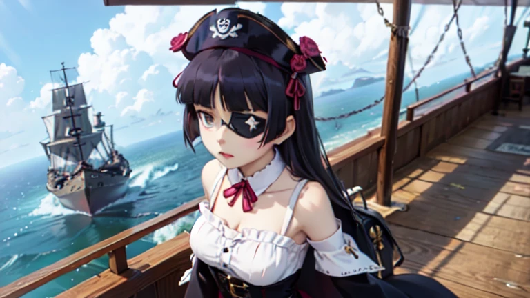 pirate戦争, Dramatic, (Eye patch), One Girl, Hime cut, (ruri gokou), pirate, pirate hat, deck, coat, Bare shoulders, Fierce naval battle, Brawl, pirateの旗, Artillery fire, Shattered Ship, Splash, 