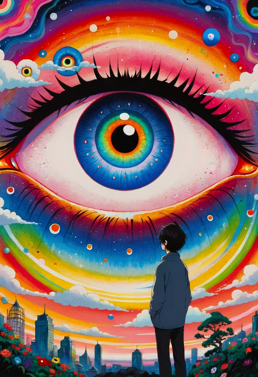 The painting shows a man standing in front of a colorful eye, Illustration of Murakami Chemical, pixiv, Concept Art, Fantasy psychedelic anime, Color illustrations, Psychedelic illustration, Look into my eyes, Blurred dreamy illustration, human eyes, Blurred dream illustration, an eye, No Eyes, Keep your eyes open, Eye of the Universe