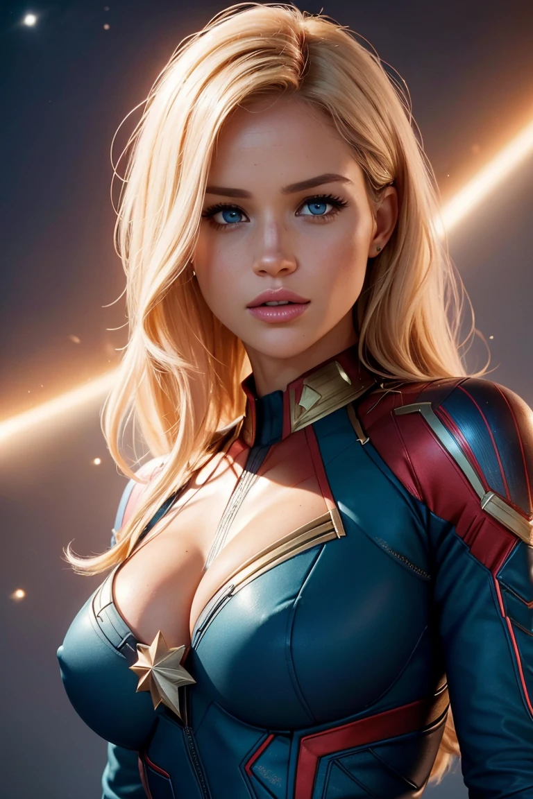 Meghan Markle, wearing Captain Marvel costume sexy clothes, her costume is open showing her pink nipples, , (revealing her skin), professionally retouched, soft lighting, realistic, smooth face, perfect eyes, sharp focus on eyes, 8 k, high definition, insanely detailed, intricate, elegant. in a cosmic background, (((visible breasts))), she is removing her. Costume, visible nipples, visible vagina, blonde hair, blue eyes