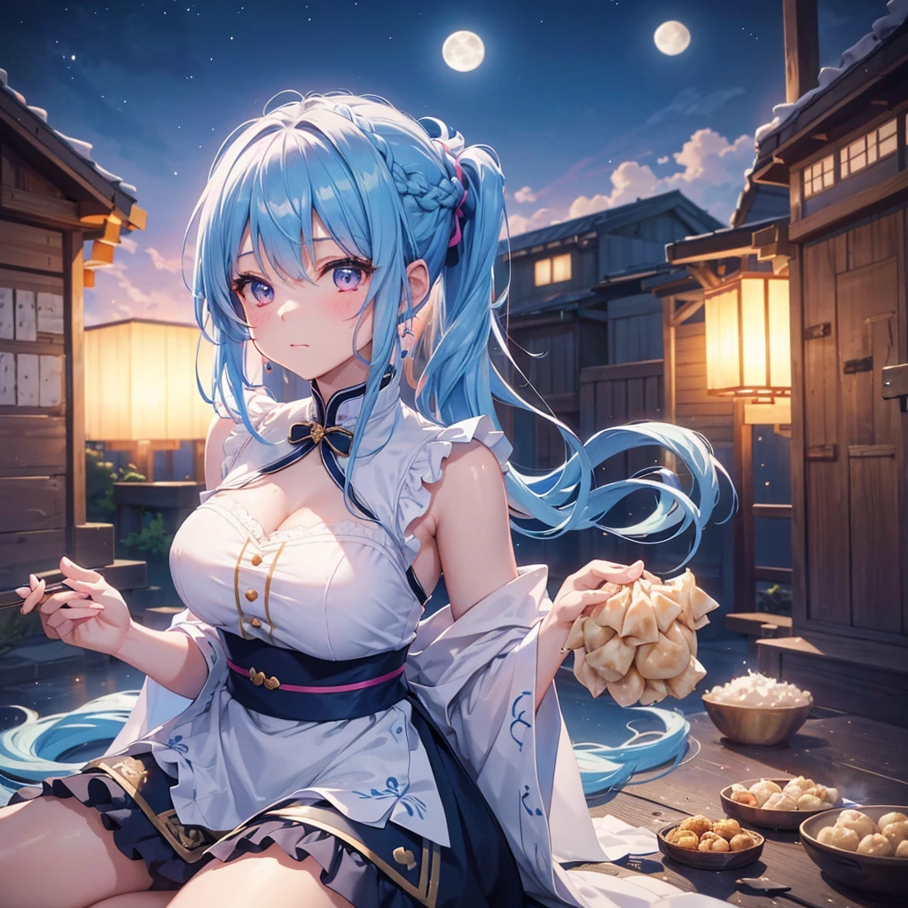 Sky blue hair, (Braided Ponytail), Pink eyes,Fair skin ,(whole body),(One Girl),Tsukimi,Dumpling,Susuki,(beautiful, Full moon shining in the night sky),(masterpiece, Highest quality, Very detailed, Best Shadow), (Detailed Background), (Beautifully detailed face), High Contrast, (Best lighting, Very delicate and beautiful), ((Cinematic Light)), colorful, Hyper Detail,8k, Dramatic Light, Intricate details,Sit and eat dumplings while watching the moon