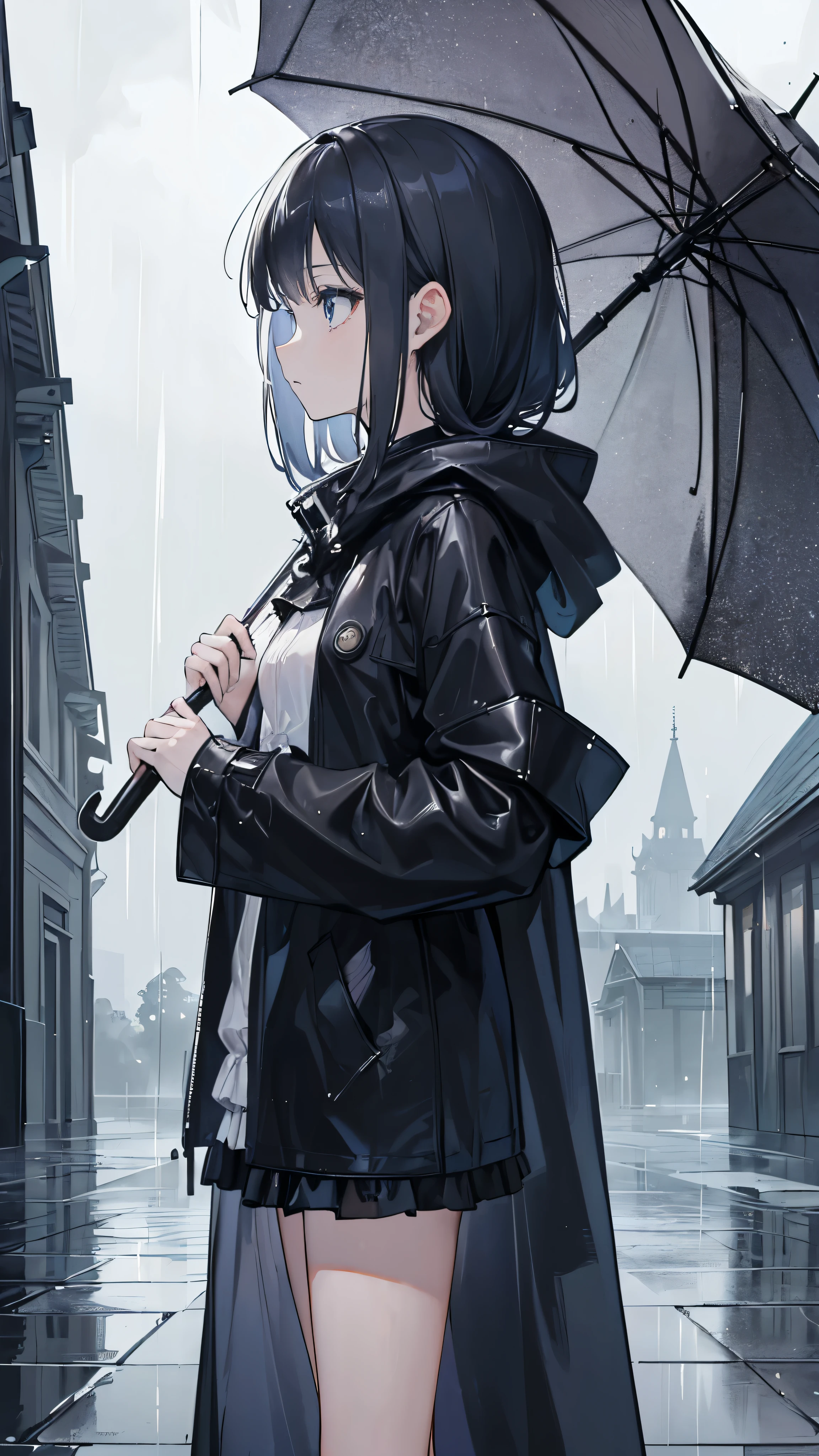 ((Best masterpiece, Perfect quality, Ultra detailed)), ((Rainy days, Sorrow, Fantasy)) A skinny girl with small bust, Wearing a black rain-coat, Not taking an umbrella, Standing alone, Looking up at the gloom sky, Profile