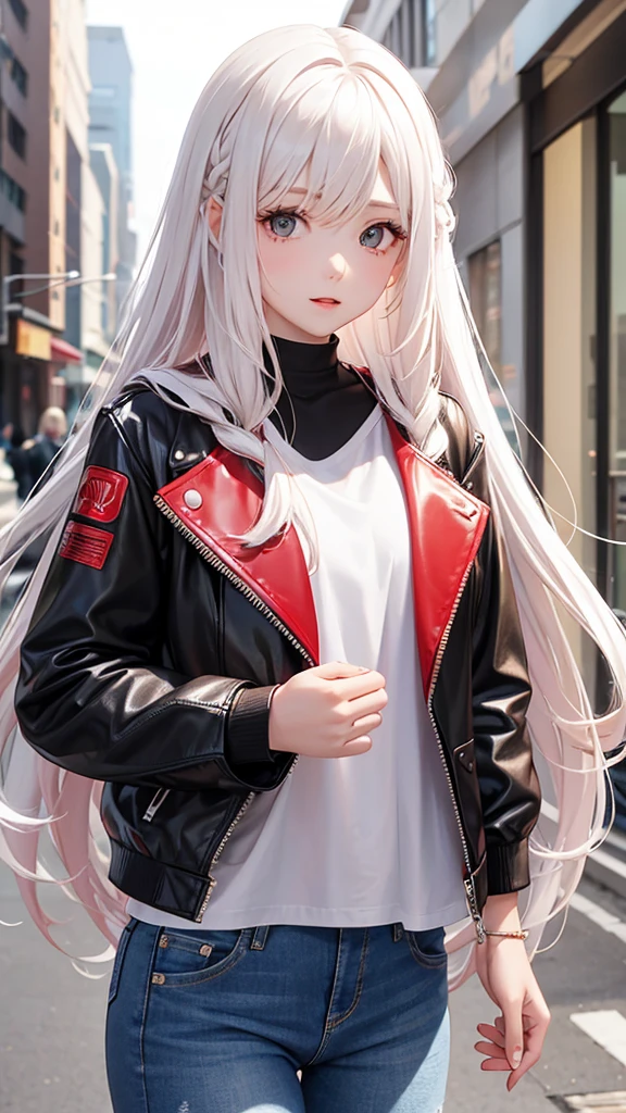 White and red gradient hair、long hair、Wavy Hair、One Girl、cute、Black Leather Jacket、camisole、jeans