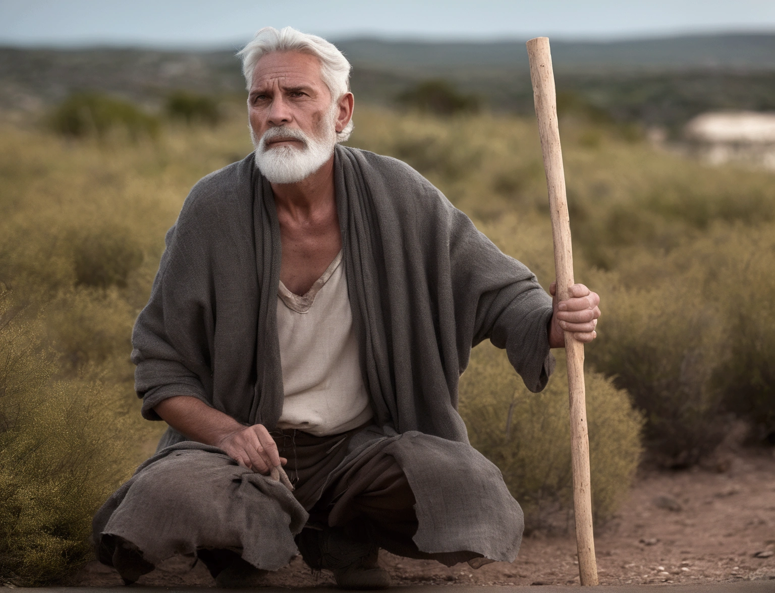 Create a picture of Job, a 50-year-old man with gray hair and a white beard, kneeling looking up at the sky. creating a sense of pain and suffering. He is holding a stick to steady himself and has his knees bent and his body leaning forward. His body is covered in sores and boils, some open and others healing, with evident redness and swelling.