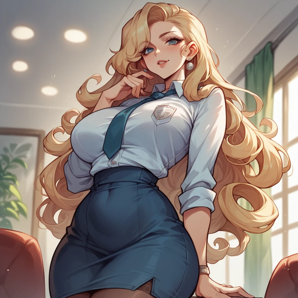 Beautiful woman 25 years old, not very high, long curly light blonde hair, Thin waist, big tits, well-shaped and large hips. She wears a secretary uniform with a tie, she&#39;s crying, Office