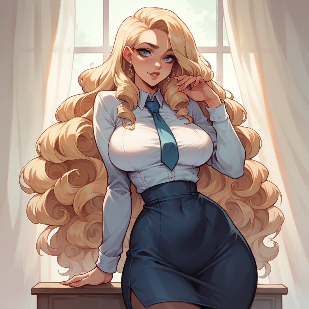 Beautiful woman 25 years old, not very high, long curly light blonde hair, Thin waist, big tits, well-shaped and large hips. She wears a secretary uniform with a tie, she&#39;s crying, Office