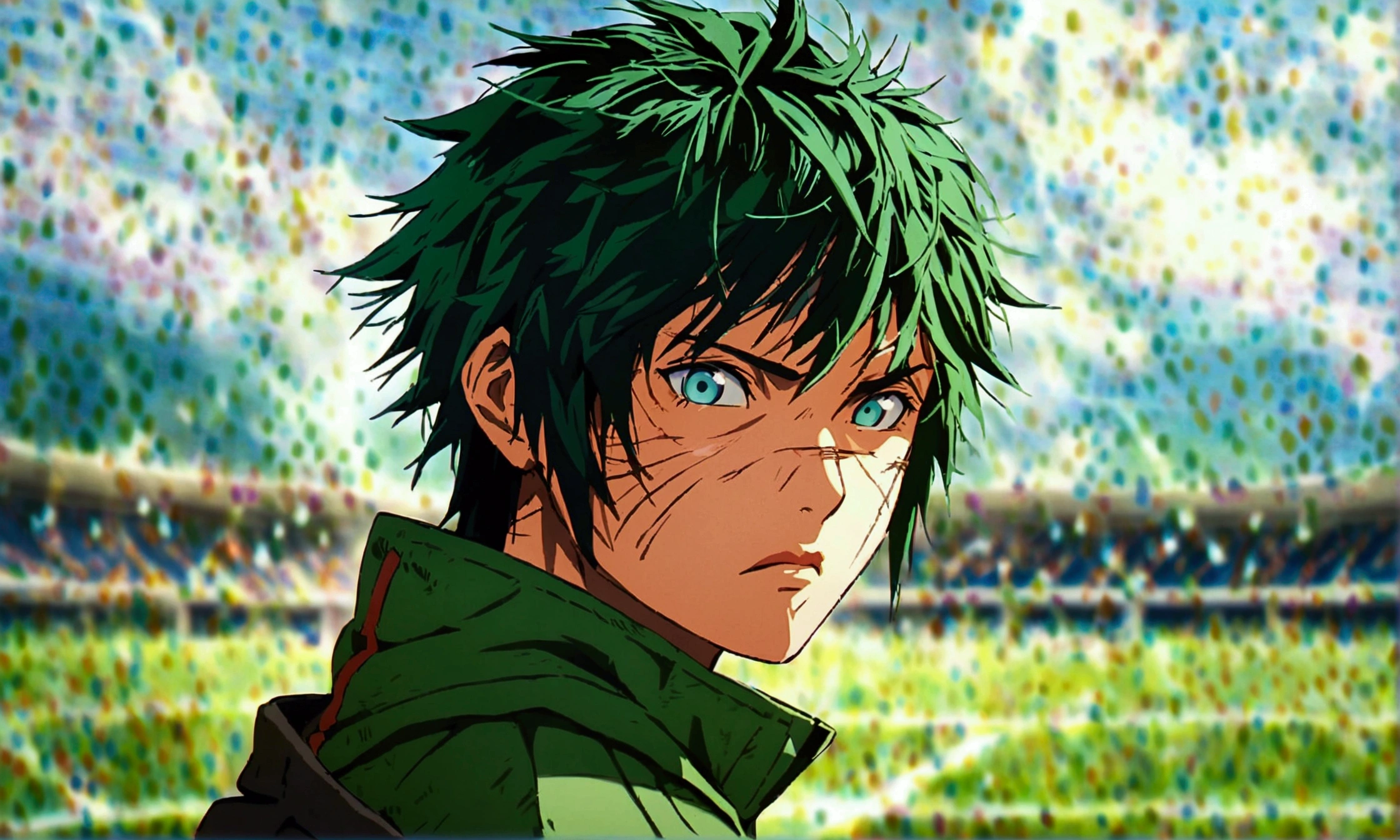 Man, thin and defined body, long green hair, green eyes, bruised and scarred body, dark green coat, training field background, "Anime character design inspired by Naruto, full of dramatic and impressive lighting, focus on the centralized character, impressive face, full of creative details, ultra-fine 2D design, scenery bathed in creativity, boasting 2D anime resolution clarity, HD anime graphics, high-octane rendering"